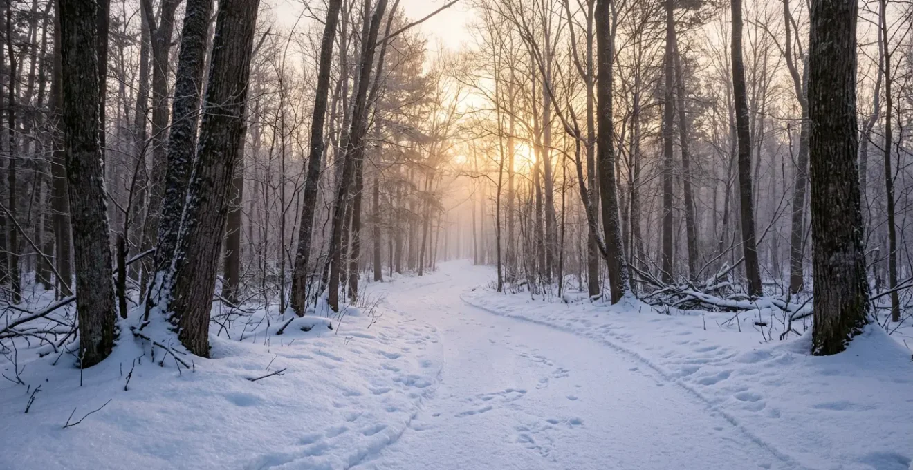 Forêt hivernale enneigée avec lumière dorée filtrant entre les branches, créant une atmosphère contemplative