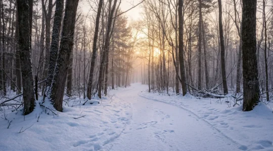 Forêt hivernale enneigée avec lumière dorée filtrant entre les branches, créant une atmosphère contemplative