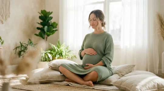 Femme enceinte en position de méditation dans un environnement serein et lumineux