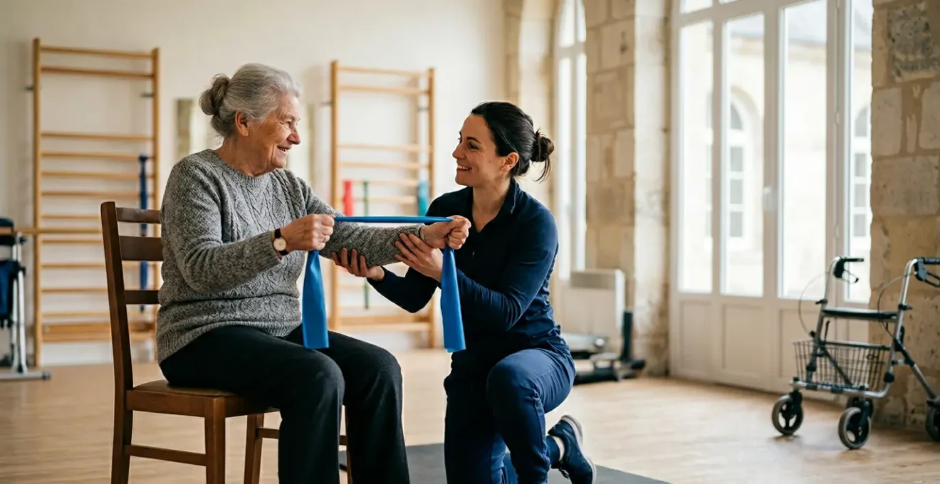 Séance d'activité physique adaptée entre un patient et un professionnel dans un environnement médical moderne