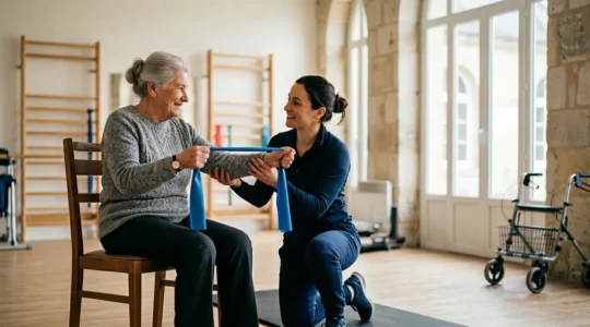 Séance d'activité physique adaptée entre un patient et un professionnel dans un environnement médical moderne