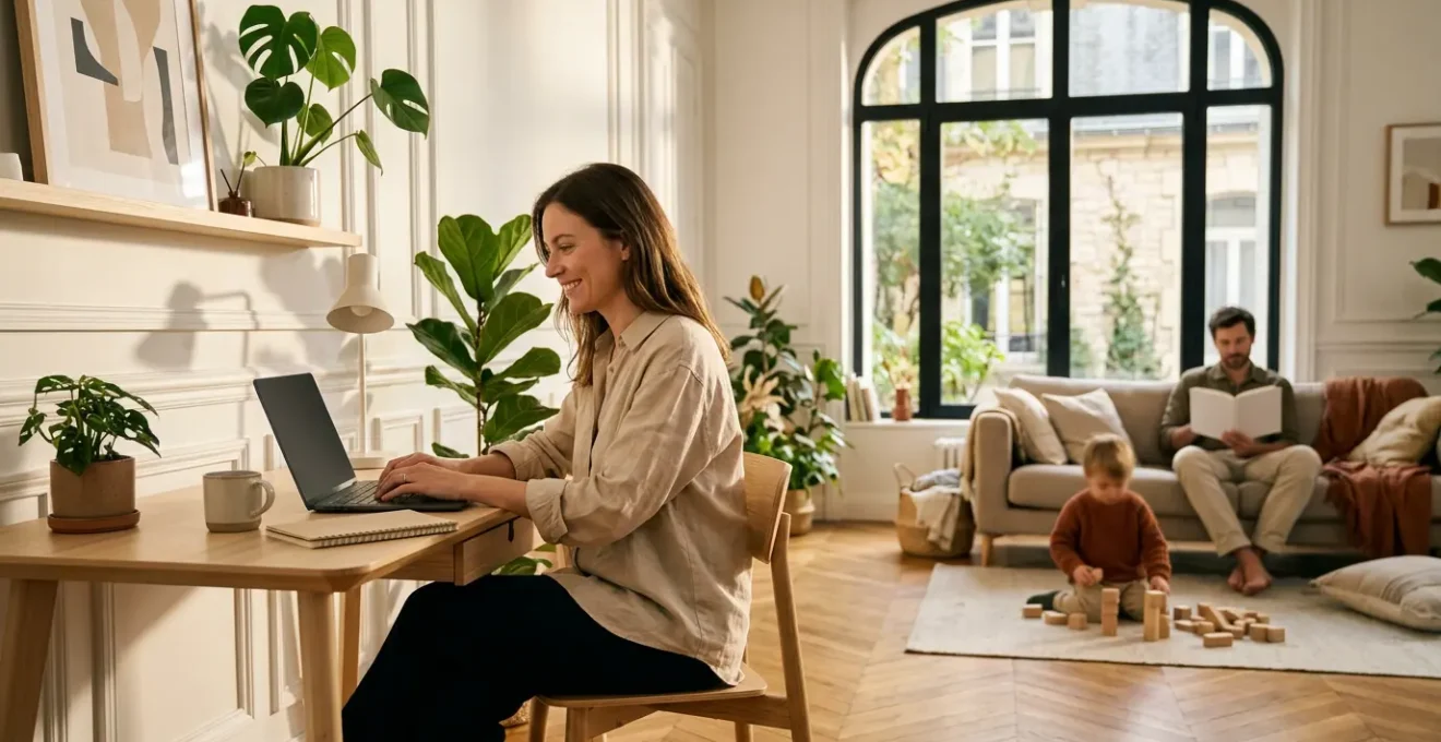 Personne travaillant depuis son domicile dans un espace lumineux avec famille en arrière-plan flou