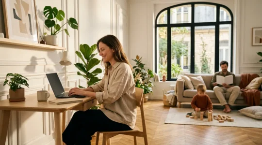 Personne travaillant depuis son domicile dans un espace lumineux avec famille en arrière-plan flou