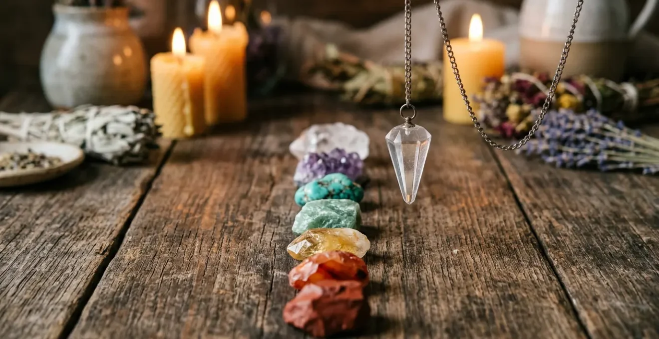 Test énergétique des chakras avec pendule de radiesthésie en cristal dans un environnement apaisant