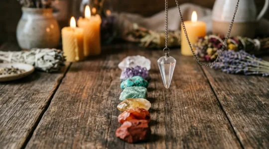 Test énergétique des chakras avec pendule de radiesthésie en cristal dans un environnement apaisant