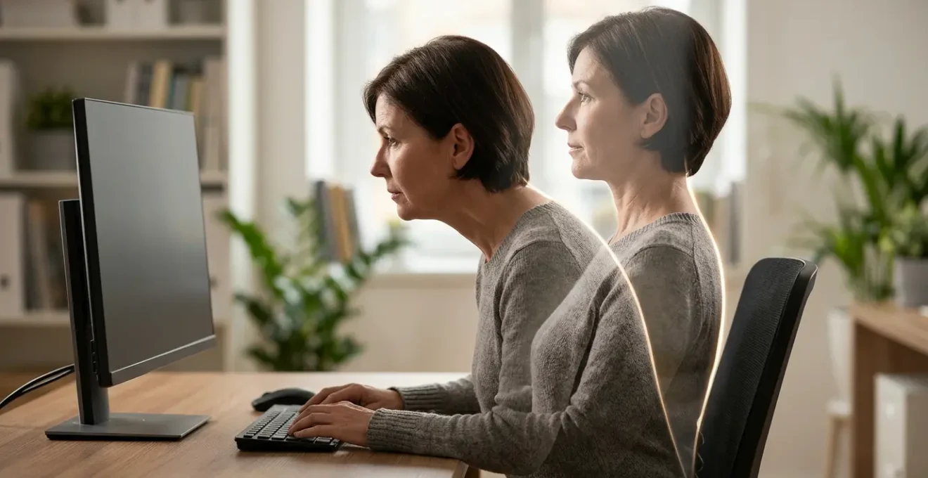 Vue de profil d'une personne au travail montrant l'impact de la posture sur les cervicales