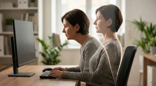 Vue de profil d'une personne au travail montrant l'impact de la posture sur les cervicales