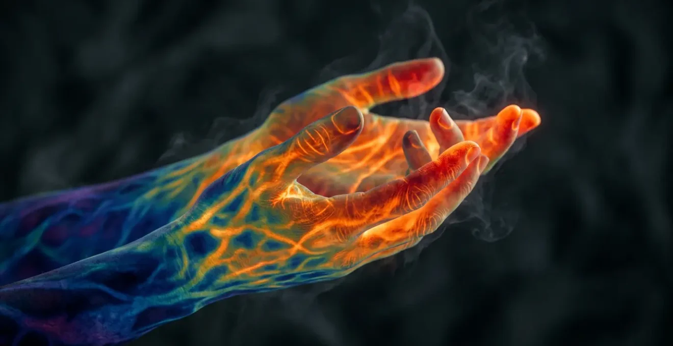 Illustration montrant le système circulatoire humain avec focus sur les extrémités, représentant la thermorégulation corporelle