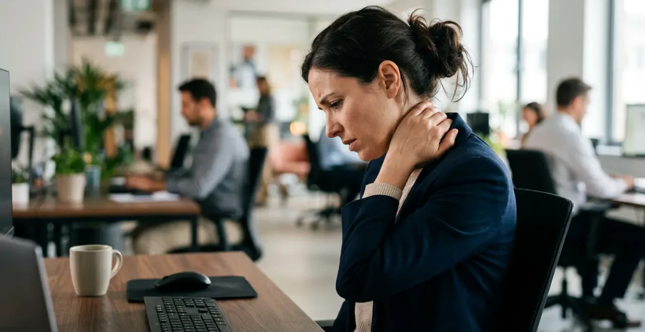Portrait d'une personne travaillant sur ordinateur montrant des signes de tension dans les épaules et la nuque