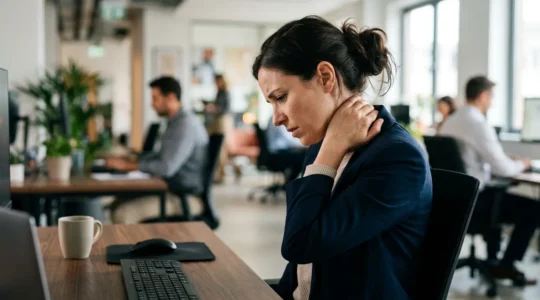 Portrait d'une personne travaillant sur ordinateur montrant des signes de tension dans les épaules et la nuque