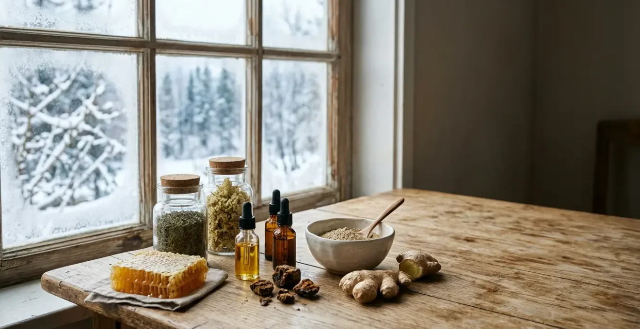 Composition naturelle d'éléments de pharmacie hivernale disposés sur une table en bois