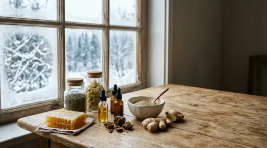 Composition naturelle d'éléments de pharmacie hivernale disposés sur une table en bois