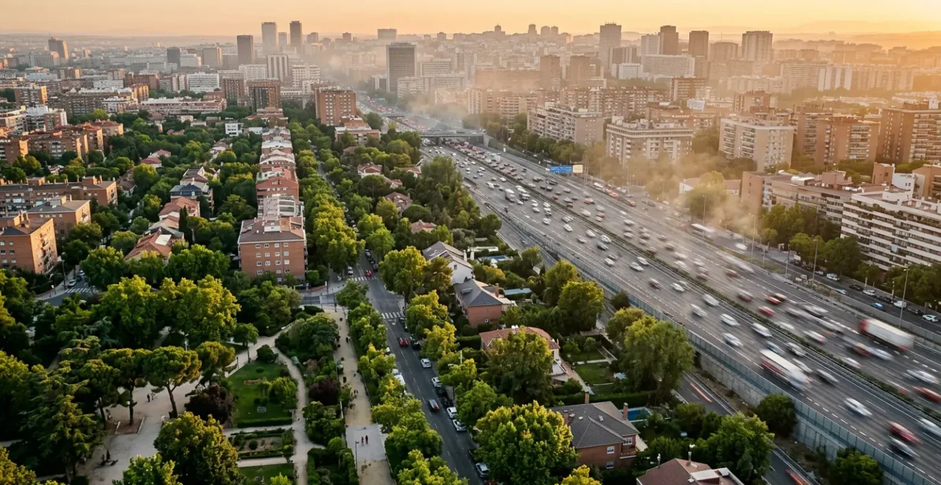 Vue aérienne d'un quartier urbain montrant le contraste entre zones vertes et axes routiers pollués