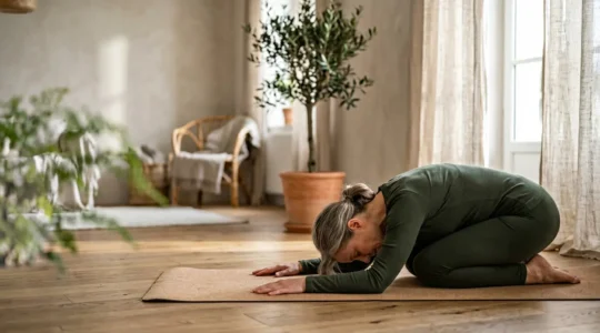 Personne pratiquant une posture de yoga thérapeutique pour soulager la sciatique dans un environnement apaisant