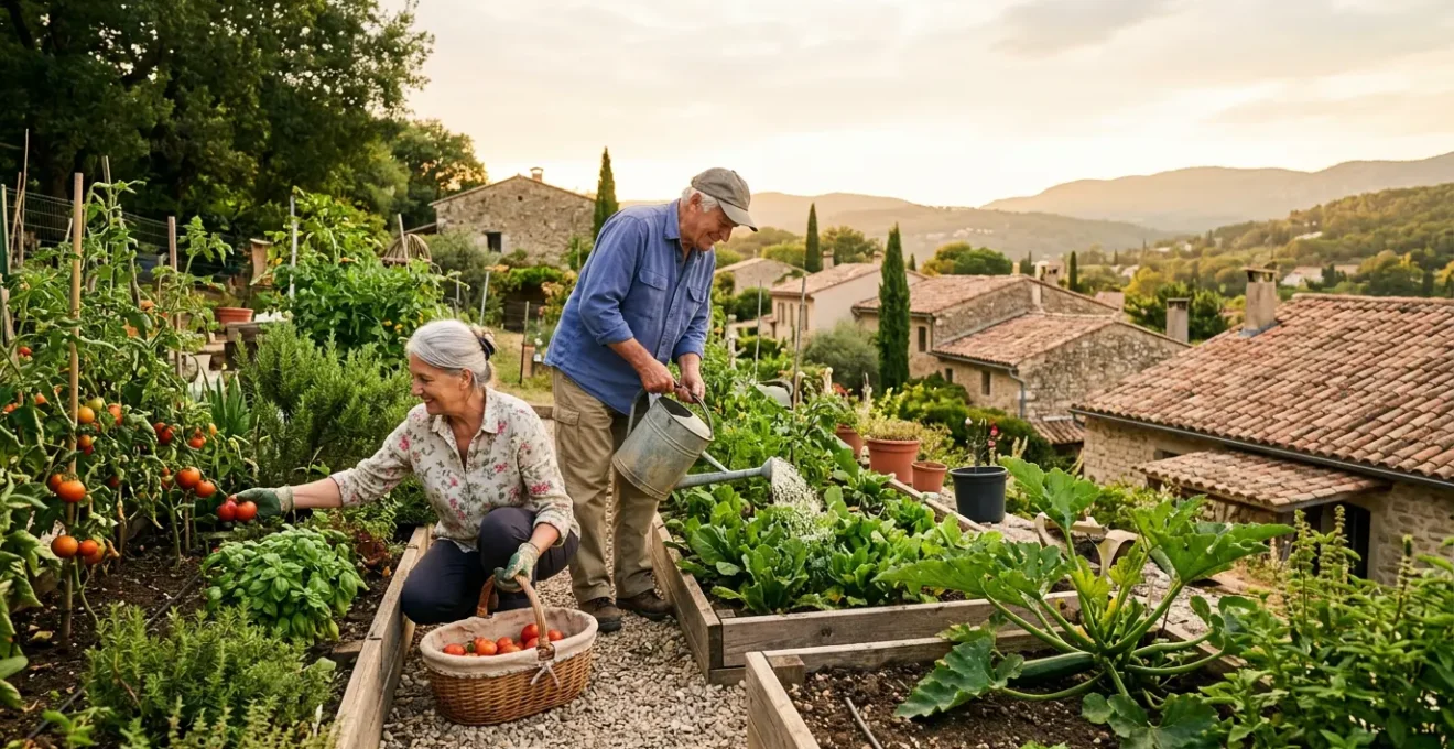 Couple de seniors français actifs cultivant ensemble leur jardin partagé au soleil matinal avec vue sur un paysage méditerranéen