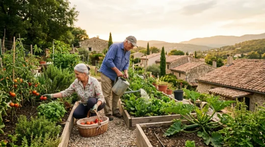 Couple de seniors français actifs cultivant ensemble leur jardin partagé au soleil matinal avec vue sur un paysage méditerranéen