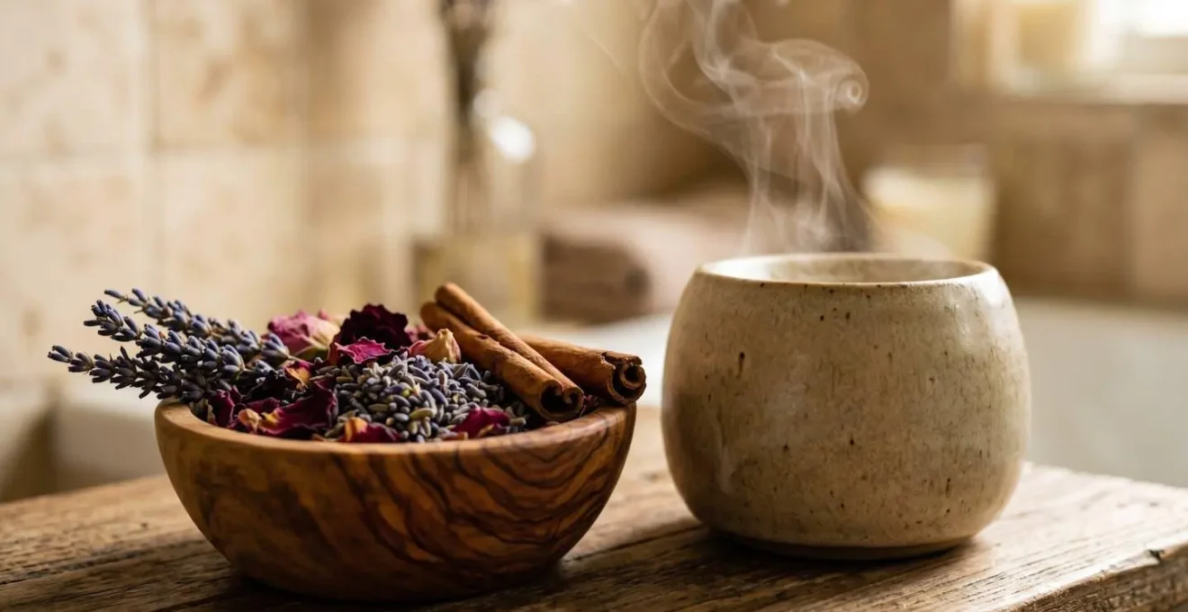 Composition naturelle avec pot-pourri, bâtons d'encens naturels et diffuseur d'huiles essentielles