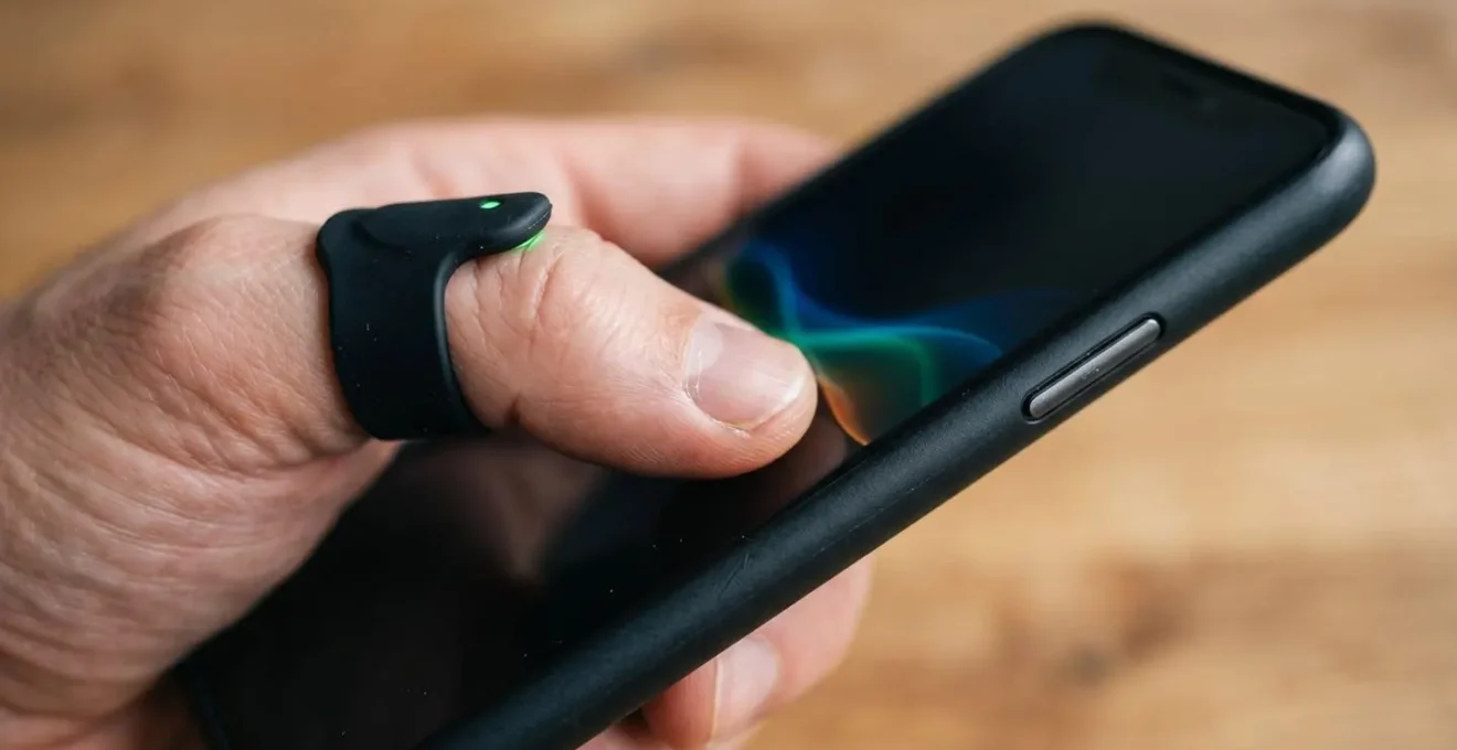 Main tenant un smartphone montrant une courbe de variabilité cardiaque avec capteur au doigt