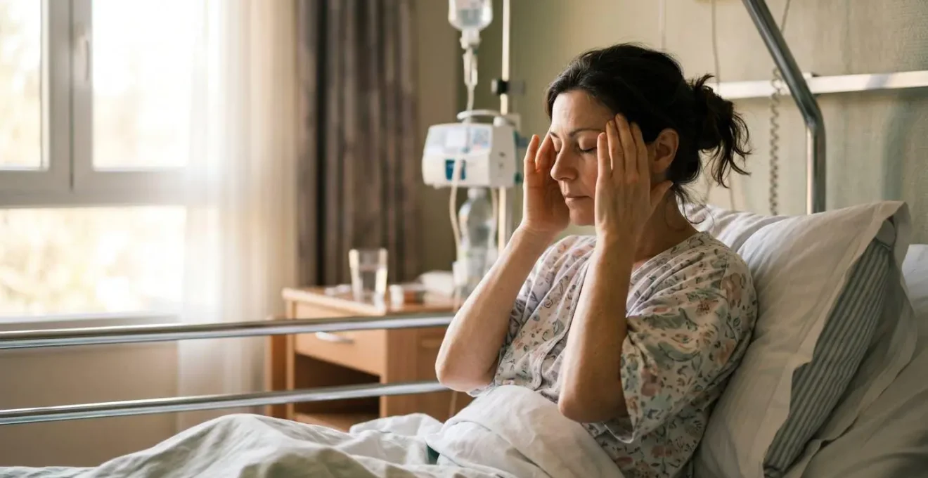 Patient pratiquant l'auto-reiki assis dans son lit d'hôpital français, mains posées sur la tête