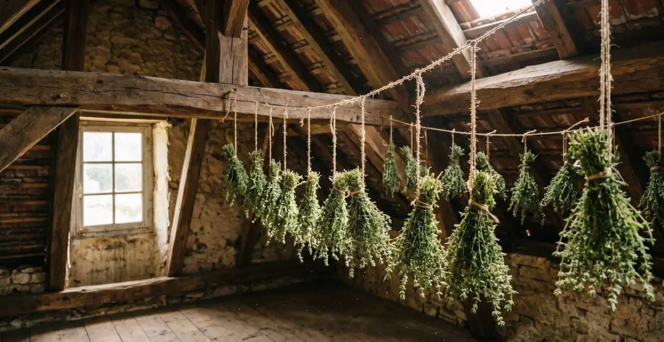 Bouquets de thym suspendus dans un grenier provençal traditionnel