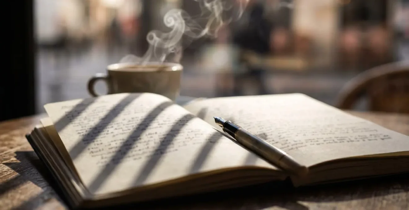 Carnet ouvert avec stylo posé sur une table près d'une fenêtre baignée de lumière naturelle