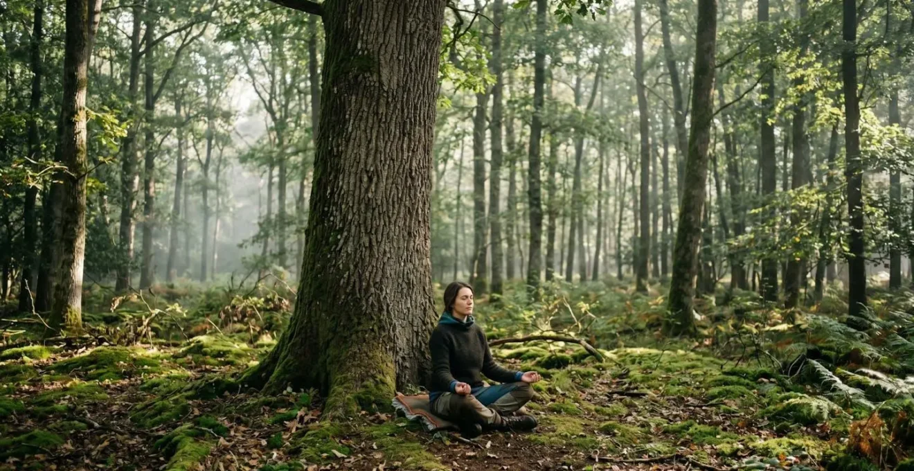 Personne pratiquant la cohérence cardiaque adossée à un arbre en forêt française
