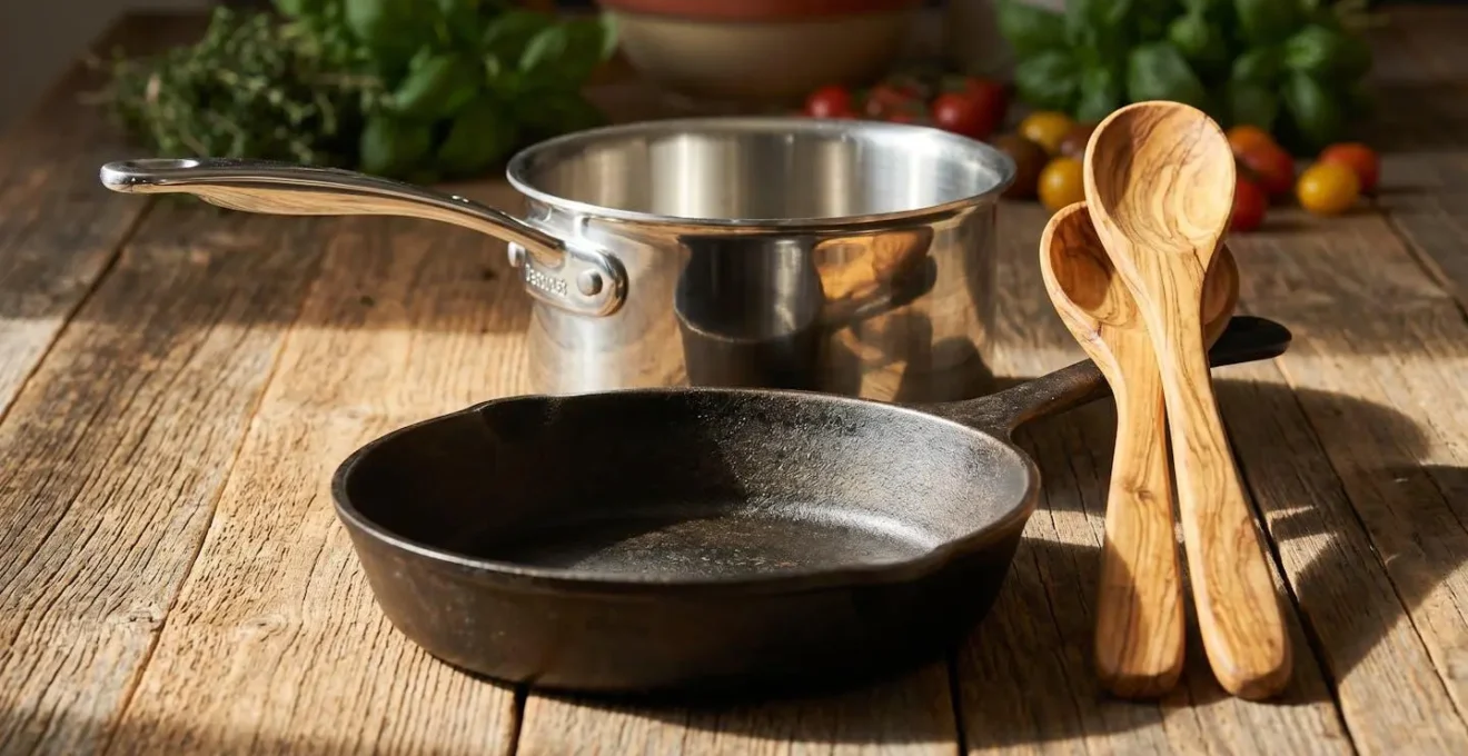Collection d'ustensiles de cuisine en fonte, inox et bois sur plan de travail
