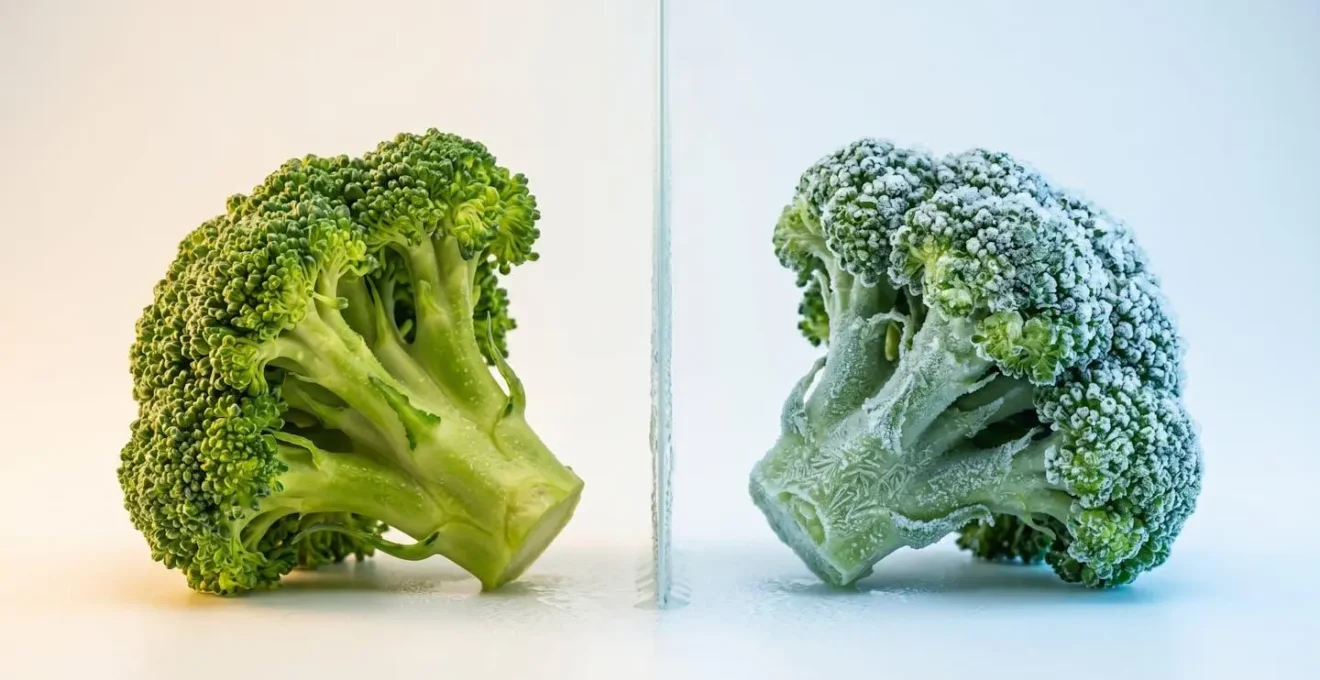 Deux moitiés de brocoli côte à côte montrant la différence de texture entre frais et surgelé