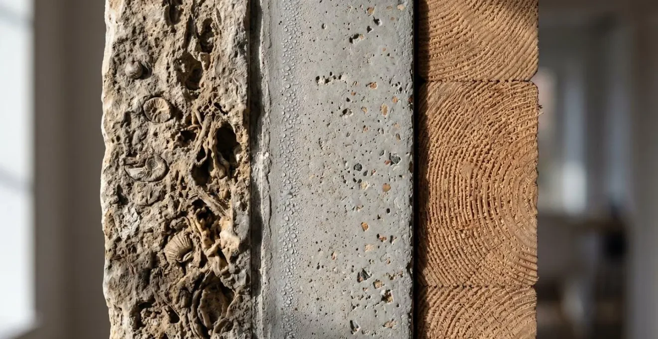 Coupe transversale montrant la différence de flux thermique entre un mur en pierre, en béton et en bois.