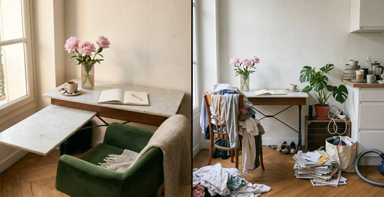Image en deux parties montrant un coin de salon parfait et la réalité désordonnée juste hors du cadre de la photo.