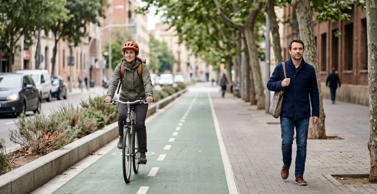 Cycliste et piéton empruntant des voies séparées dans un environnement urbain verdoyant
