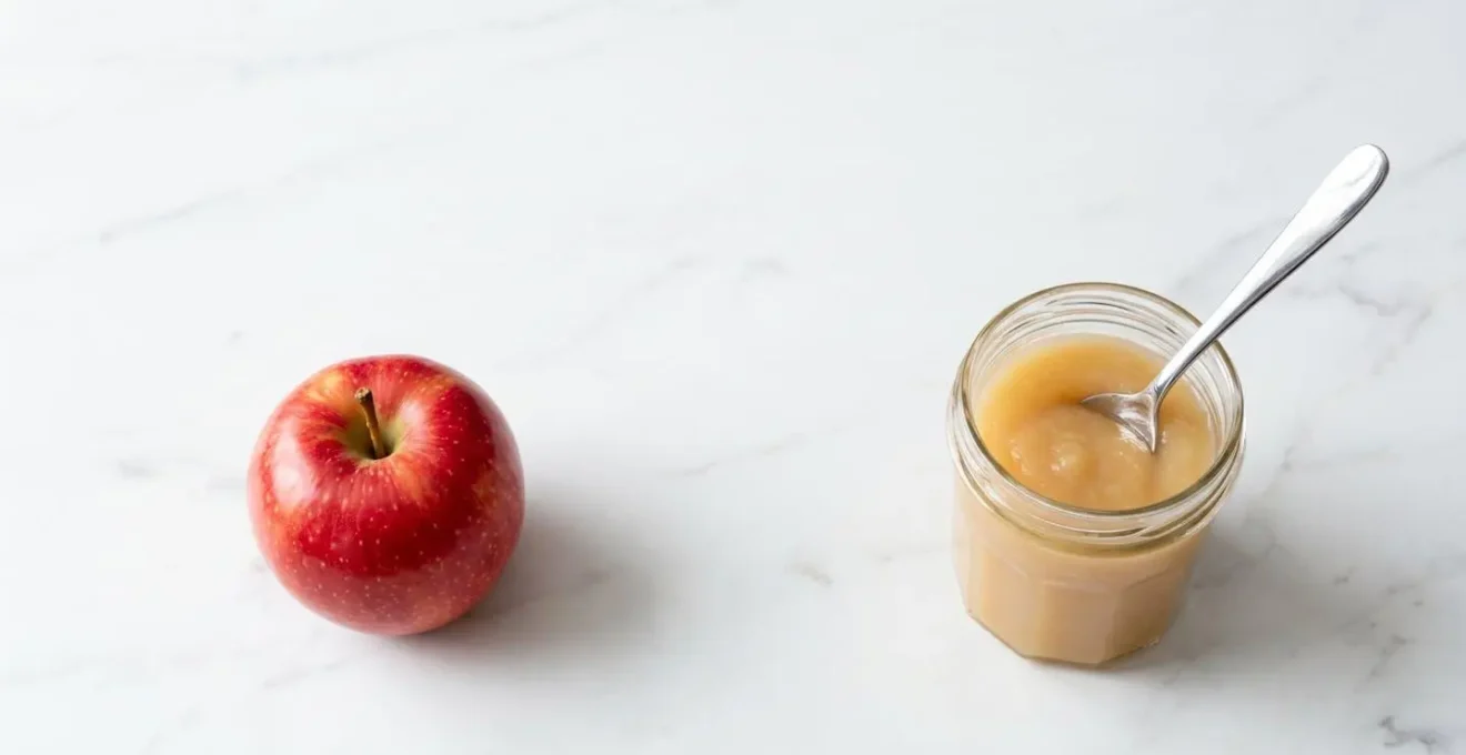 Composition montrant une pomme fraîche entière à côté d'un pot de compote avec une cuillère