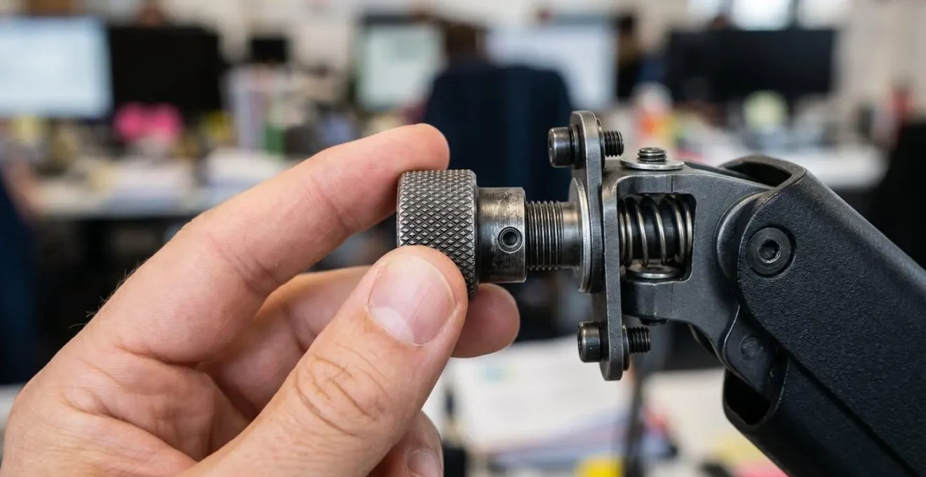 Détail macro d'une main ajustant la hauteur d'un support d'écran ergonomique