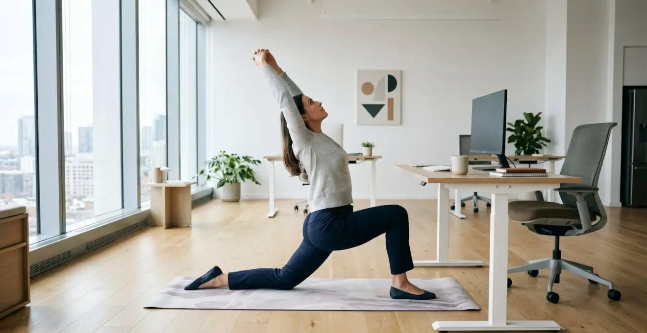 Démonstration d'un étirement du psoas en position de fente basse dans un environnement de bureau