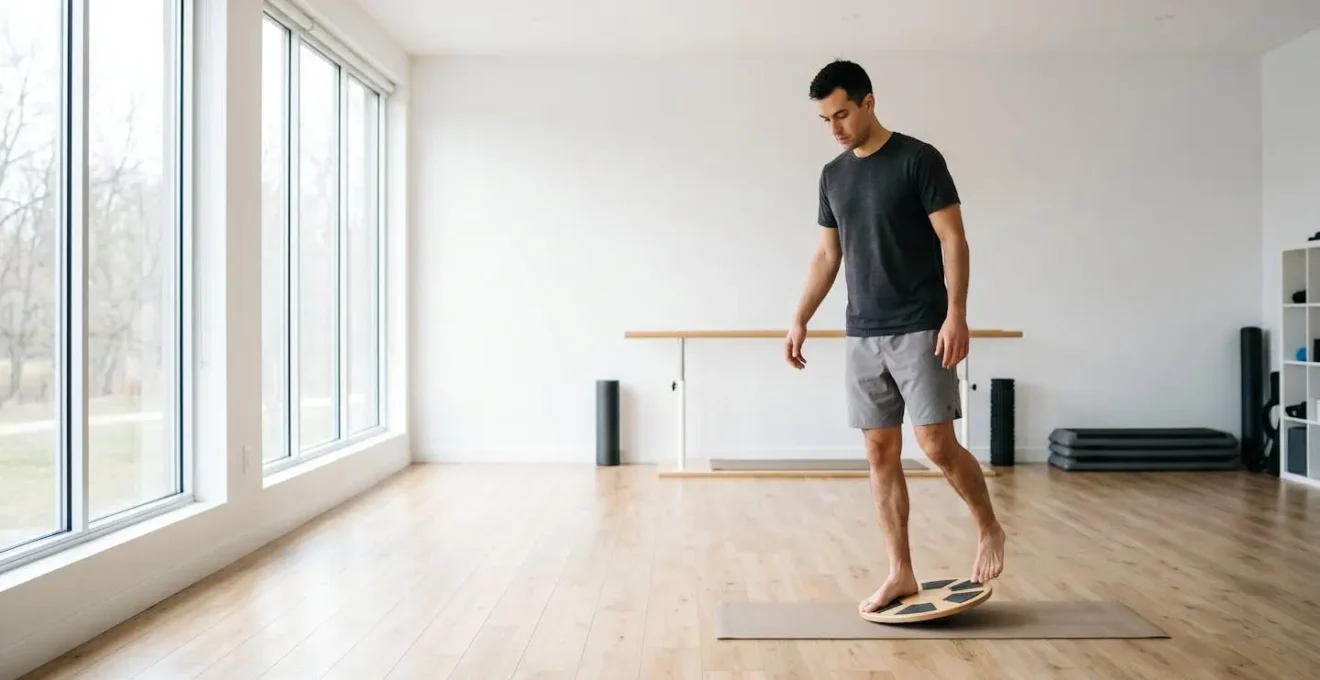Patient effectuant des exercices d'équilibre sur plateau instable avec supervision kinésithérapeute