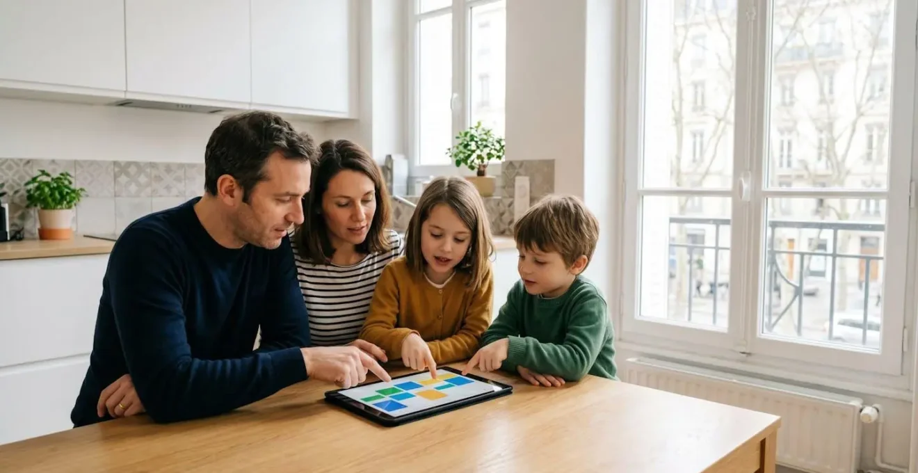 Famille réunie autour d'une table avec tablette montrant un planning partagé coloré