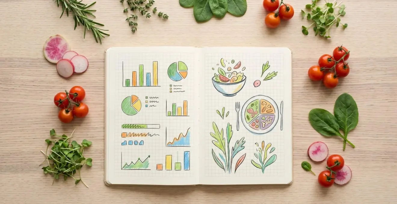 Carnet ouvert avec notes alimentaires et échelle de douleur colorée