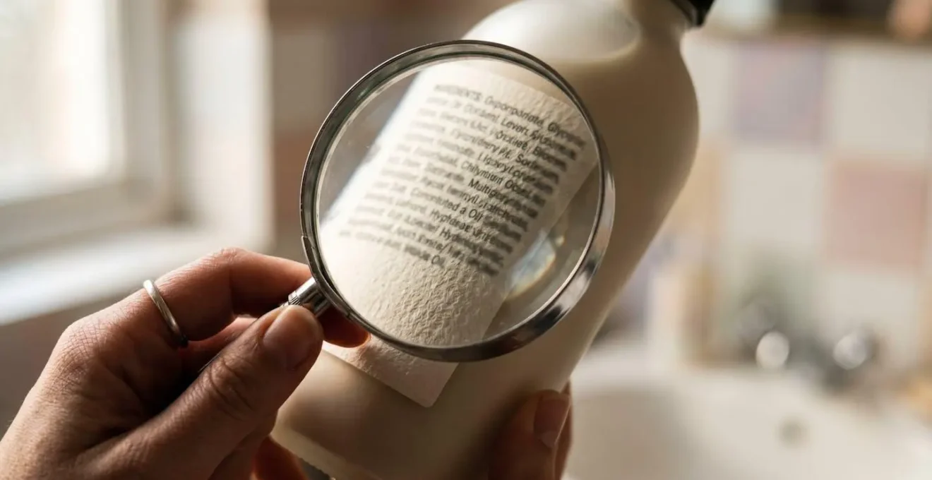 Main tenant une loupe examinant la liste d'ingrédients d'un produit cosmétique