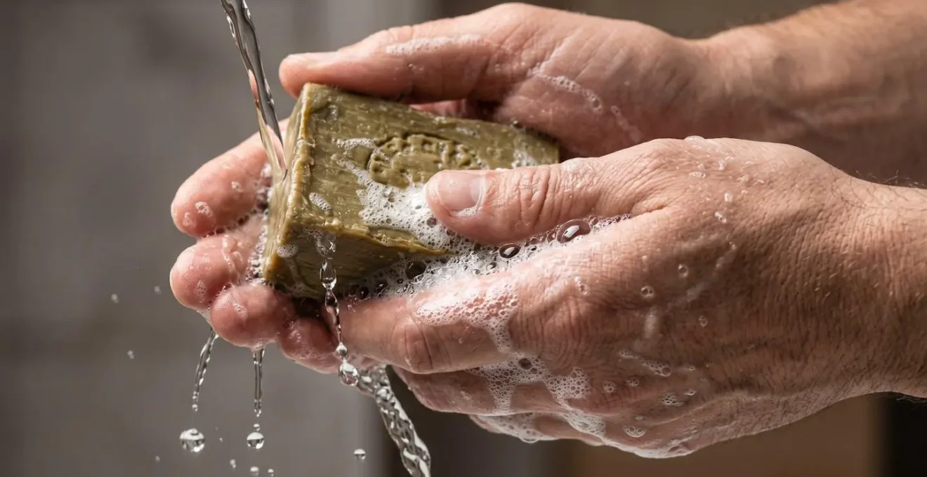 Gros plan sur des mains savonnées avec un pain de savon de Marseille traditionnel