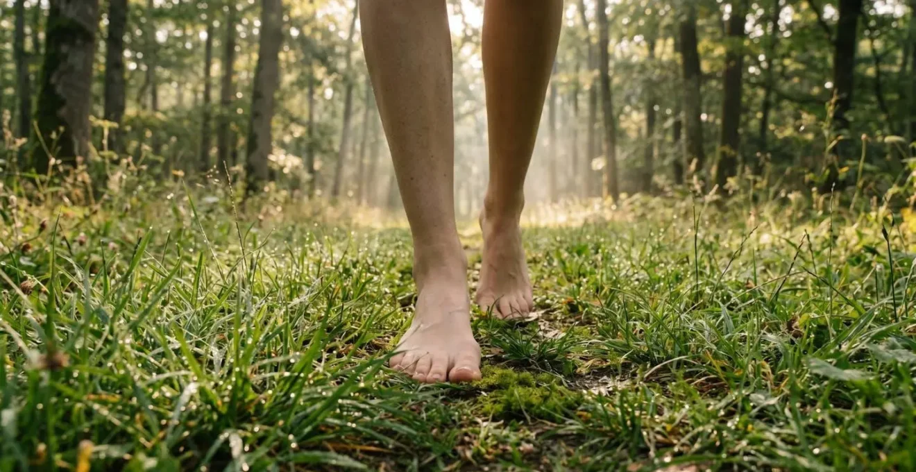 Pieds nus sur herbe humide du matin avec rosée visible