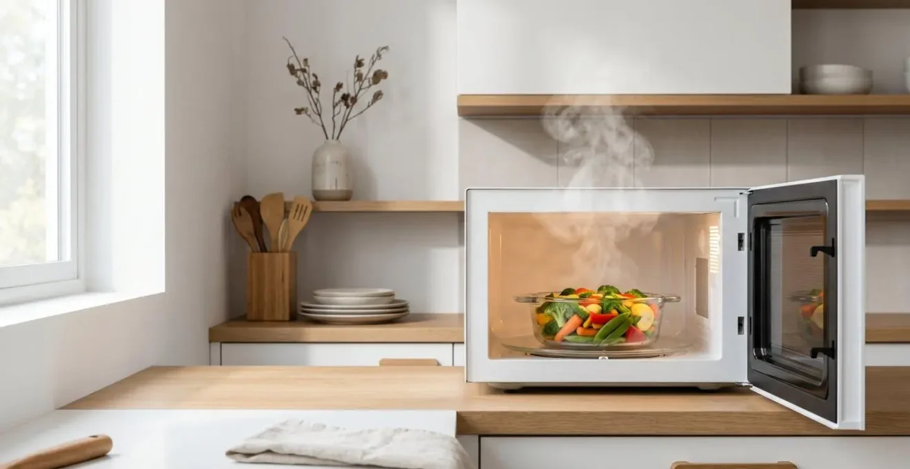 Plat en verre fumant sortant du micro-ondes dans une cuisine moderne