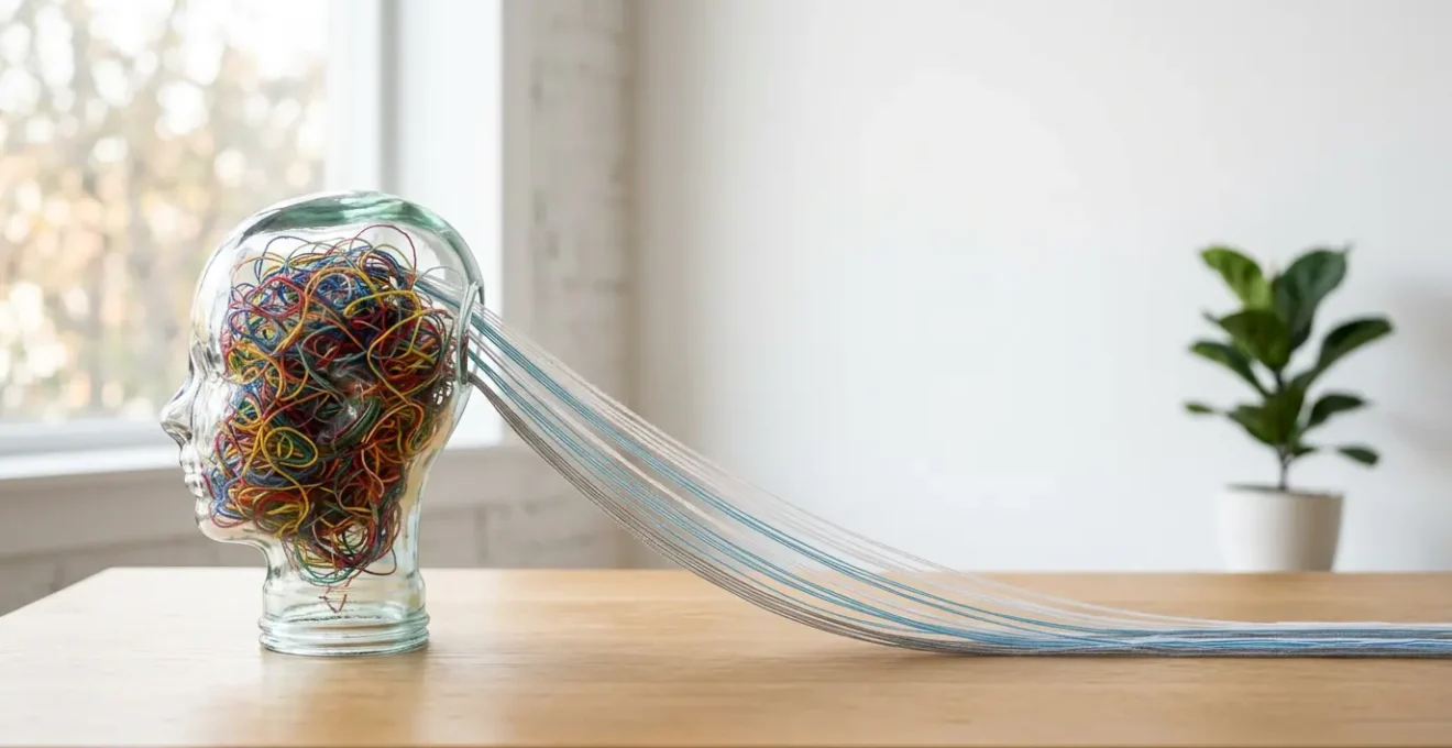 Cerveau stylisé se libérant de pensées encombrantes dans un environnement épuré et serein