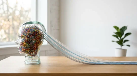 Cerveau stylisé se libérant de pensées encombrantes dans un environnement épuré et serein