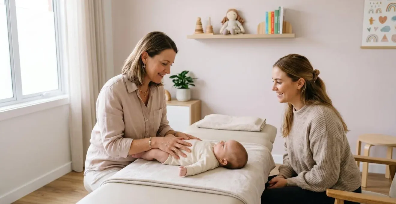 Consultation d'ostéopathie pédiatrique sécurisée avec nourrisson et parent