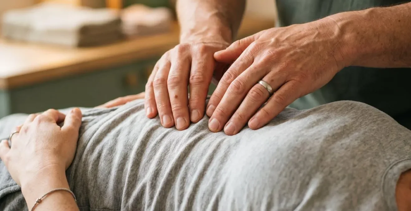 Ostéopathe pratiquant une manipulation viscérale douce sur le diaphragme d'un patient