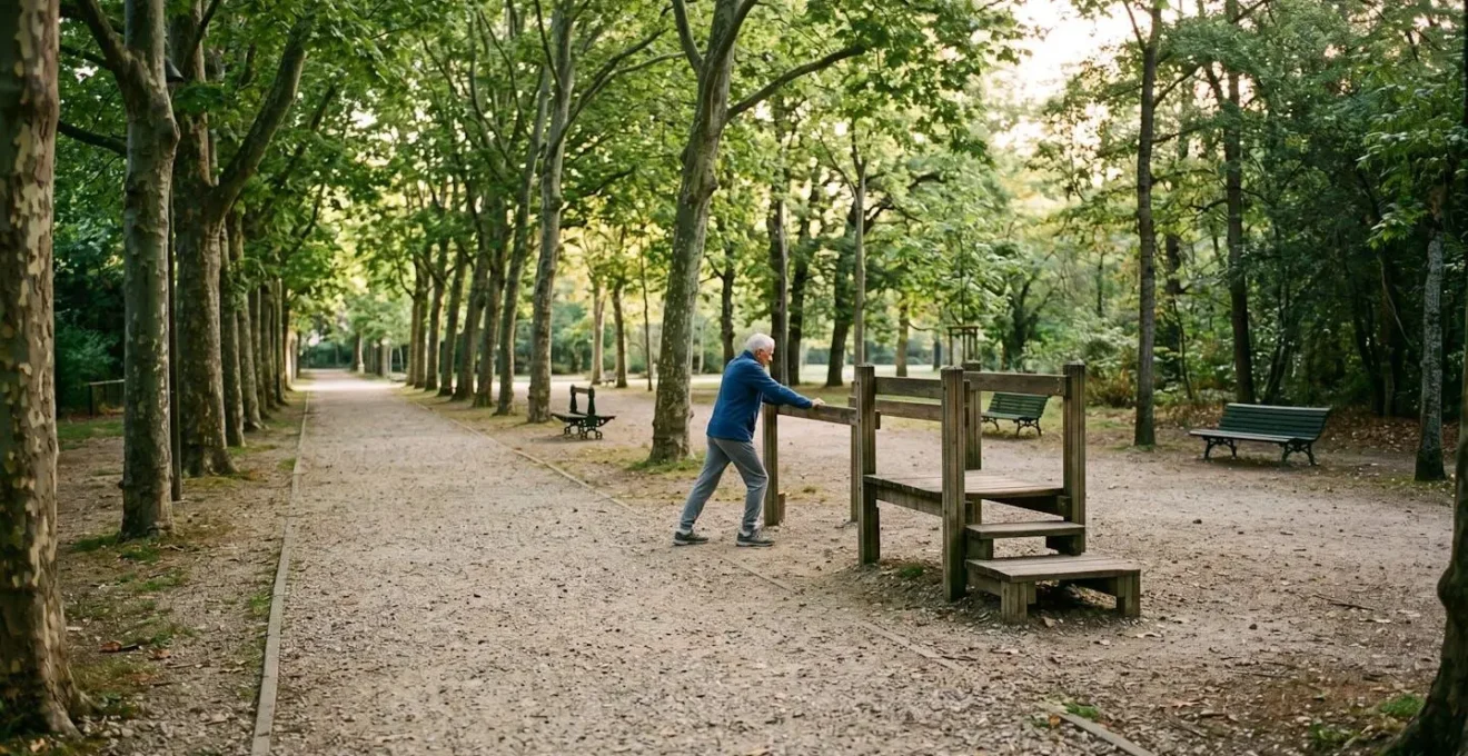 Senior utilisant les équipements d'un parcours de santé dans un parc français