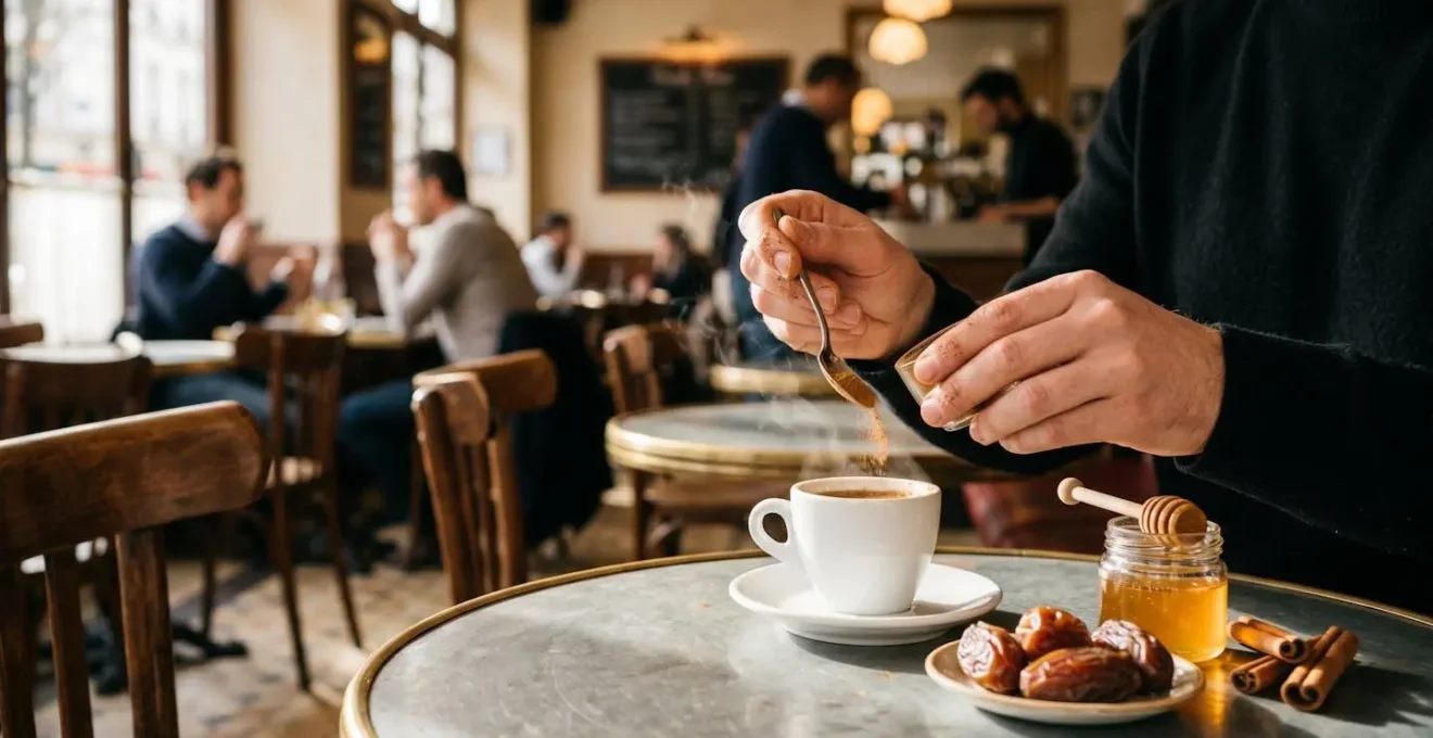 Tasse de café avec cannelle et alternatives naturelles au sucre sur table de bistrot parisien