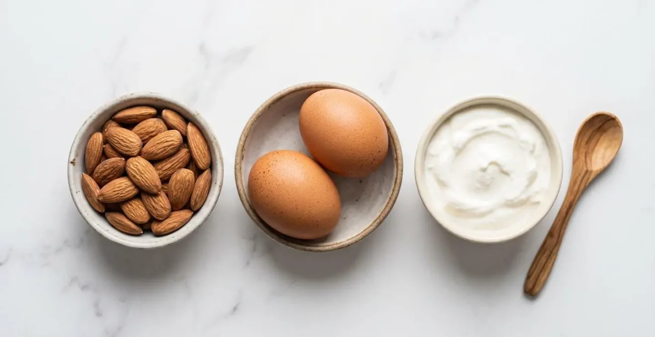 Vue macro d'ingrédients pour petit-déjeuner anti-crash avec œufs bio, amandes et skyr