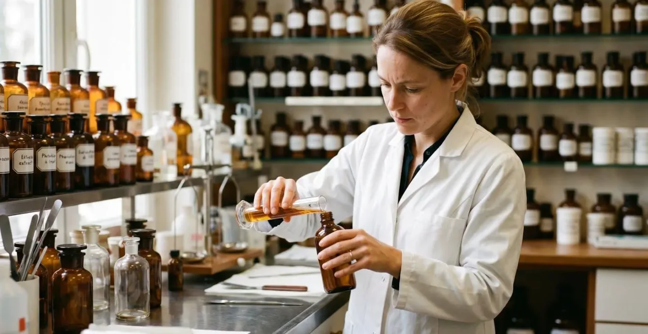 Pharmacien préparant un mélange d'EPS personnalisé dans le préparatoire d'une officine française
