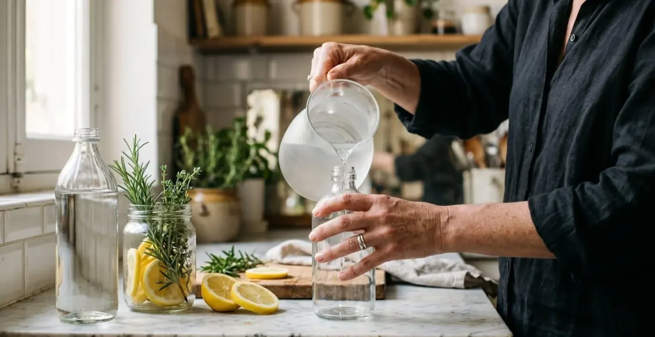 Produits ménagers naturels avec vinaigre blanc dans une cuisine française épurée